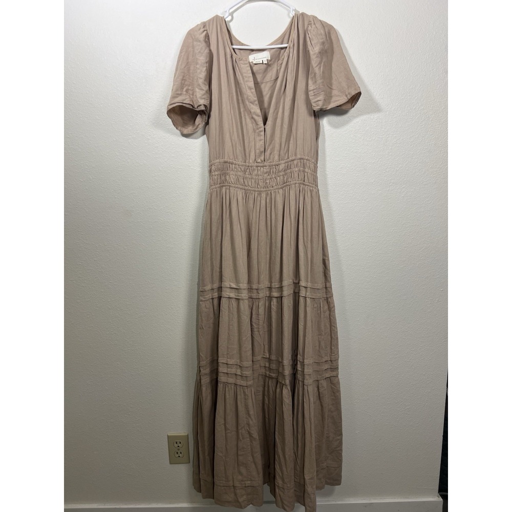 ANTHROPOLOGIE Somerset Maxi Dress XL Light Brown Linen Tiered Puff Sleeved